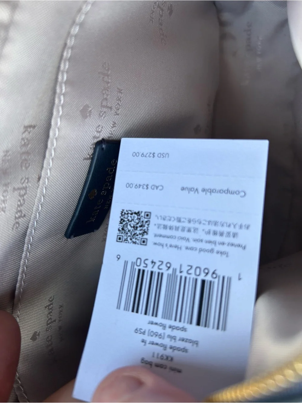 kate spade beige logo-lined handbag interior